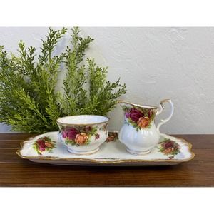 Royal Albert Old Country Roses Large Sandwich Tray, Open Sugar Bowl, and Creamer